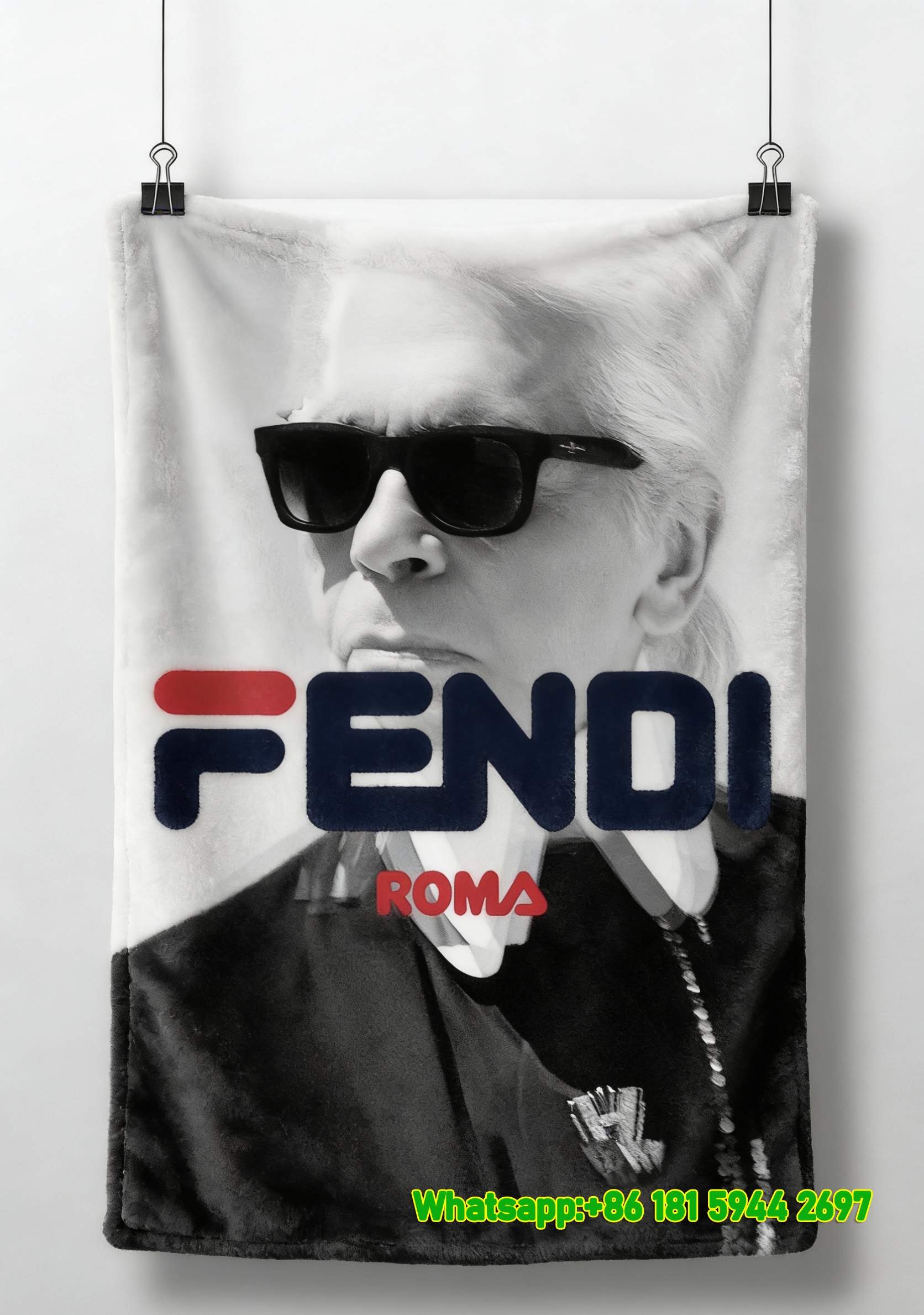 Fendi Roma Karl Lagerfeld Portrait Flannel Sofa Throw Blanket IMG_9419